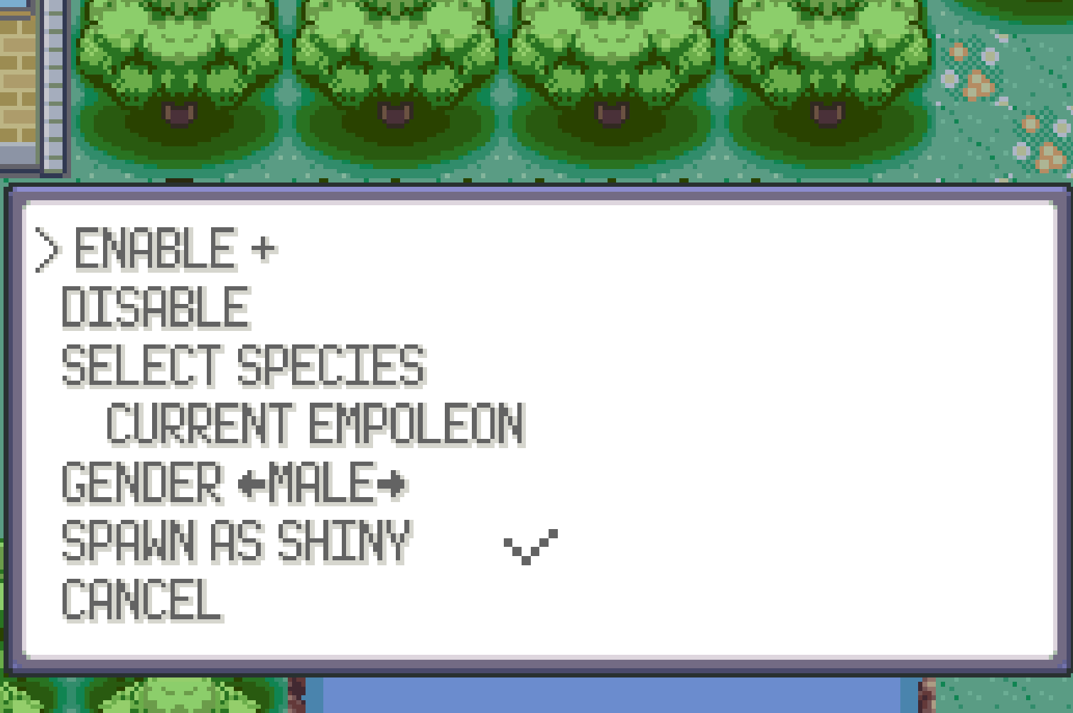 In-game NEXT WILD menu with options: Enable, Disable, Select Species (Empoleon), Gender, Spawn as Shiny, Cancel