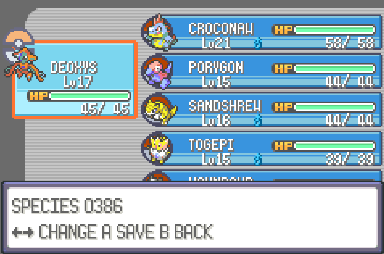 Species editor showing DEOXYS #0386 selected with LR CHANGE A SAVE B BACK controls