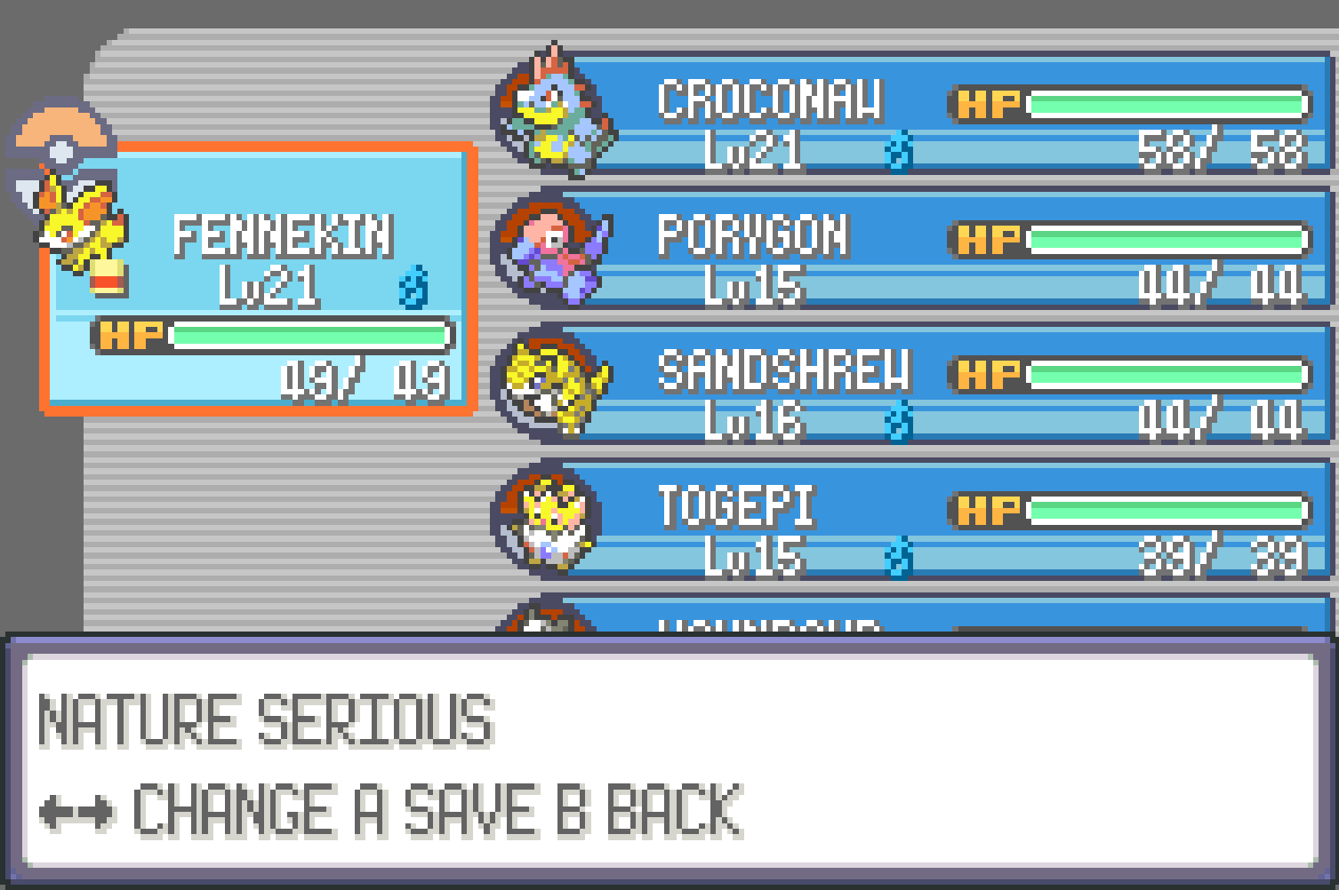 Nature editor showing FENNEKIN with NATURE SERIOUS selected and LR CHANGE A SAVE B BACK controls