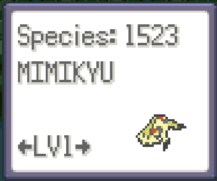Species selector showing Species 1523 MIMIKYU with a level selector
