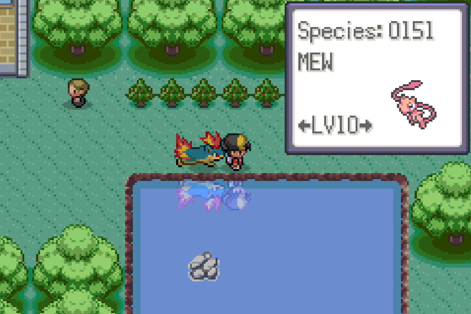 Overworld view with Mew spawn info box showing Species 0151 MEW Lv10