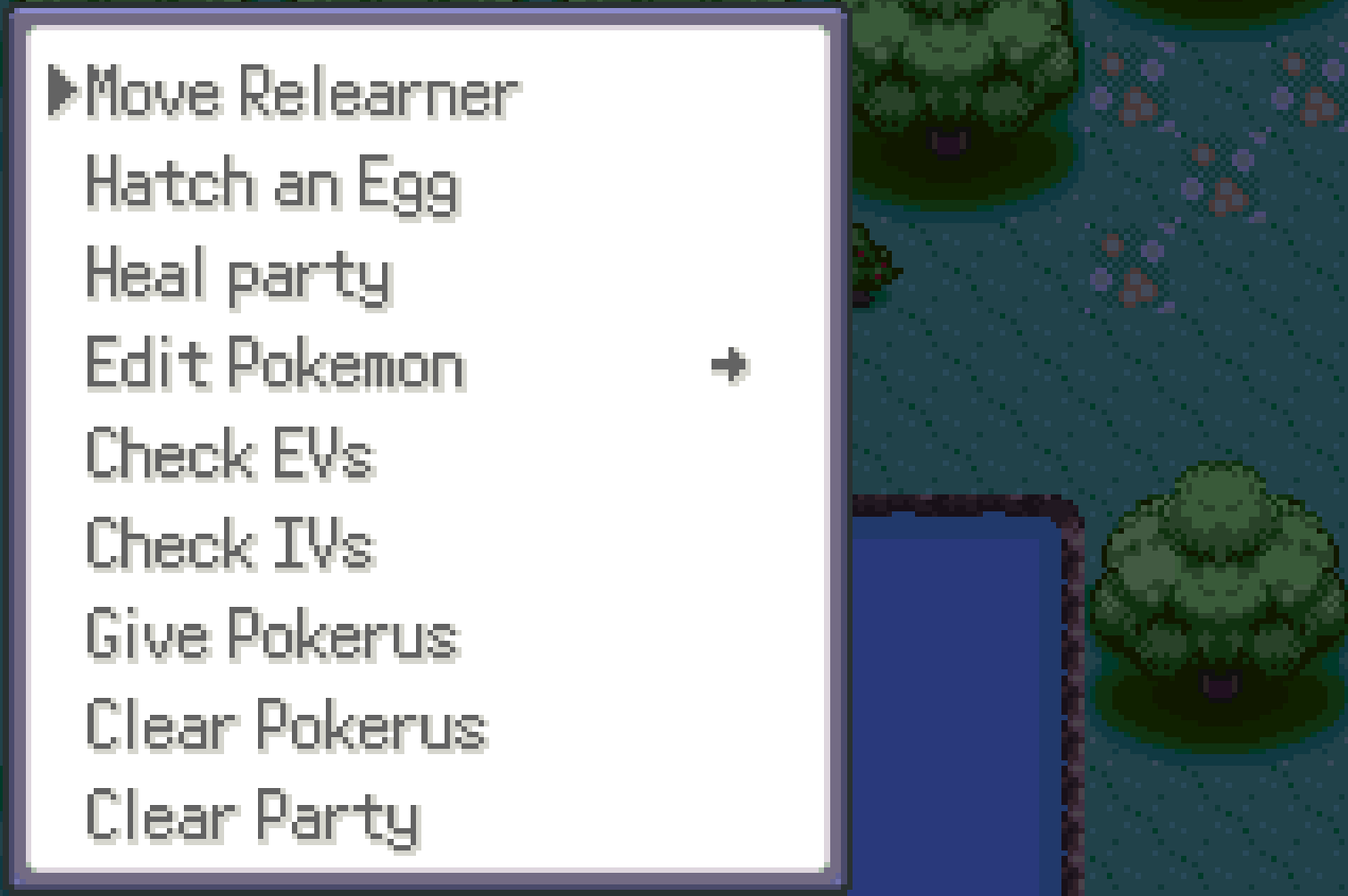 Party submenu showing Move Relearner, Hatch an Egg, Heal party, Edit Pokemon, Check EVs, Check IVs, Give Pokerus, Clear Pokerus, Clear Party