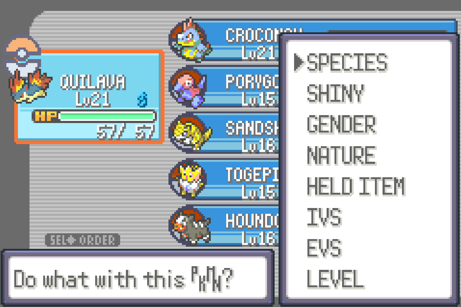 In-game debug menu showing party options: SPECIES, SHINY, GENDER, NATURE, HELD ITEM, IVS, EVS, LEVEL