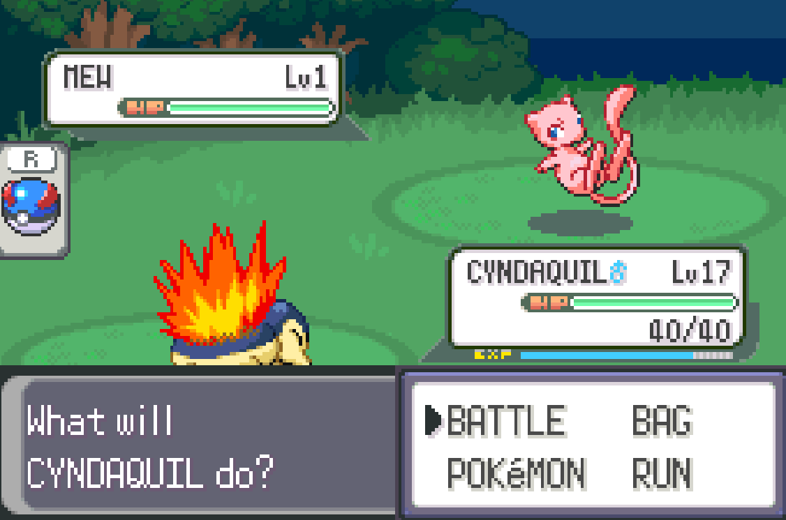 Wild Mew encounter triggered by the NEXT WILD menu in a grassy night battle