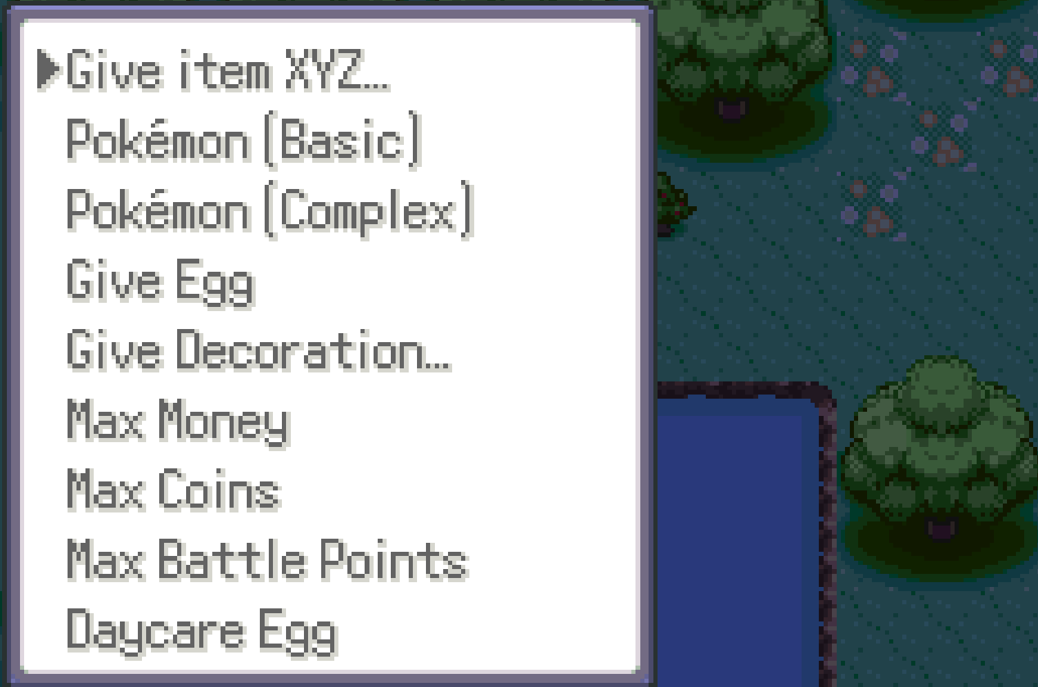 Give X menu showing Give item XYZ, Pokémon Basic, Pokémon Complex, Give Egg, Give Decoration, Max Money, Max Coins, Max Battle Points, Daycare Egg