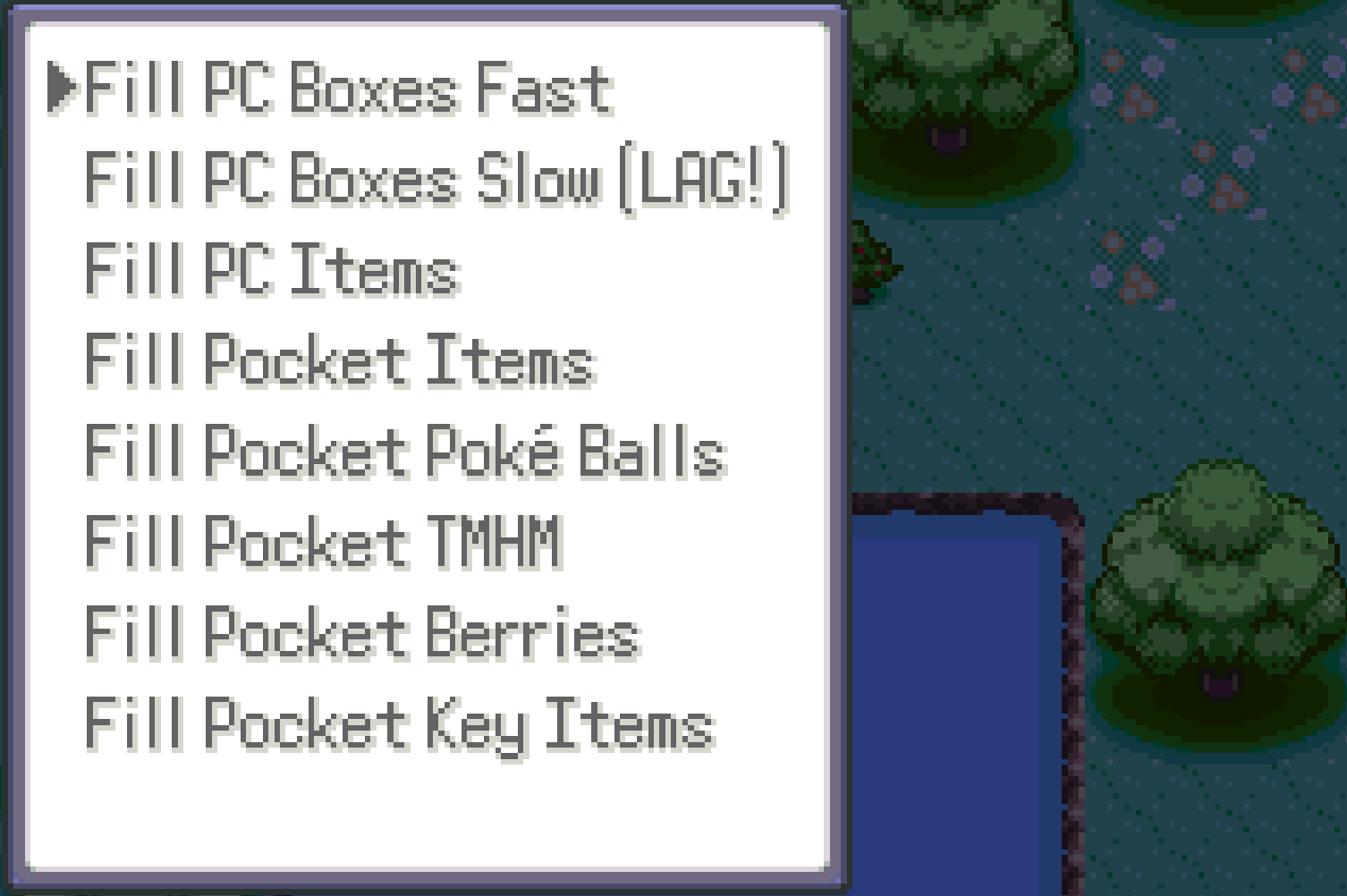 PC/Bag submenu showing Fill PC Boxes Fast, Fill PC Boxes Slow, Fill PC Items, Fill Pocket items, Poke Balls, TMHM, Berries, Key Items