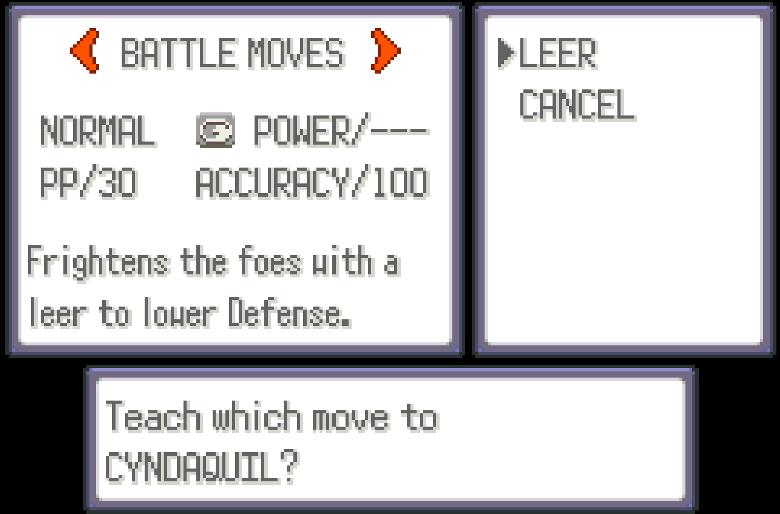 Move Relearner screen showing BATTLE MOVES for Cyndaquil with LEER selected, showing Power, PP and Accuracy stats