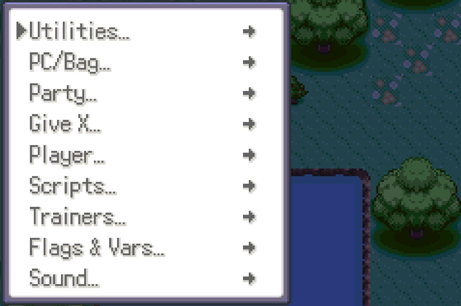 Foolproof debug main menu showing Utilities, PC/Bag, Party, Give X, Player, Scripts, Trainers, Flags & Vars, Sound